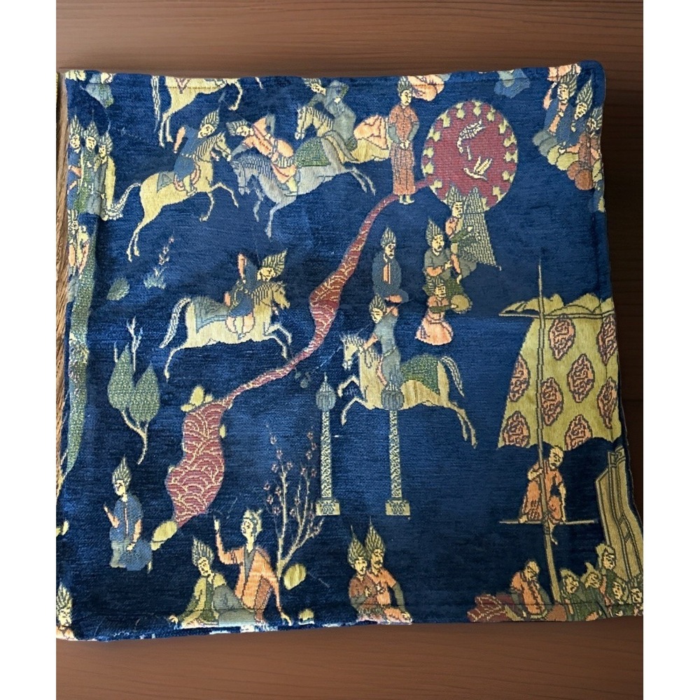 Vintage Pillow Covers Persian Folklore Novelty Print Scenes Turkey Blue Gold TWO - Picture 3 of 7
